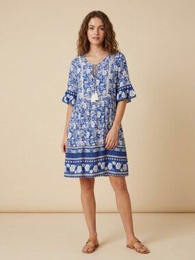 Pink Pineapple Womens Boho Floral Tunic Dress L Blue White Tassel 100% Viscose